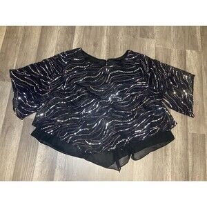 Alex Evenings Womens Top 2X Black Sequin Embellished Chiffon Blouse $149